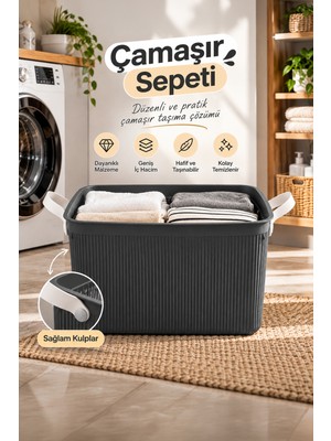 Porsima 0783  Still Çift Kulplu Çok Amaçlı Düzenleyici Sepet - Çamaşır, Oyuncak ve Banyo Organizer Sepeti (Antrasit)