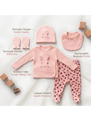 Serde Baby Kız Bebek 5'li Yenidoğan Tavşan Nakışlı Hastane Çıkış Seti – %100 Pamuk, 0-3 Ay