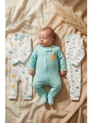 Mıdırık Sky&dream 3'lü Pamuk Ribana Bebek Tulum Seti - Fermuarlı, Kuş ve Gökkuşağı Desenli Unisex Tulumu