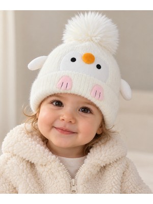 İrem Çocuk Giyim Kız Bebek Penguen Temalı Ponponlu Içi Astarlı Krem Renk 6 Ay - 3 Yaş Peluş Bere