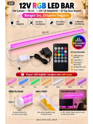 Luciole 50 cm Colorbar Rgb LED Bar 12V 12W 20 Tuş Sese Duyarlı Kumandalı Adaptörlü Yapışkanlı Aydınlatma