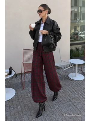 Madmext Mürdüm Ekose Desenli Beli Lastikli Balon Pantolon MG2905