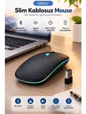 Shard Siyah Şarjlı Kablosuz Sessiz Click Mouse Rgb LED Işıklı Ultra Slim 2.4ghz 800/1200/1600DPI