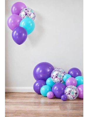 Patladı Gitti Deniz Kızı Konsepti Balon Seti 17 Adet 18 İnç 12 İnç Violet Turkuaz Renkli Balonlar