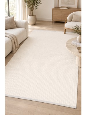 Hann Home Collection Blokis Ekru Sisal Görünümlü Kaymaz Tabanlı Polyester Robot Süpürge Uyumlu Oturma Odası Koridor Halıs
