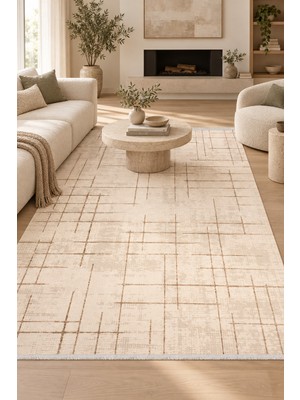 Hann Home Collection Senova Şenova Modern Krem Oturma Odası Salon Robot Süpürge Uyumlu Kolay Temizlenebilir Polyester Hal