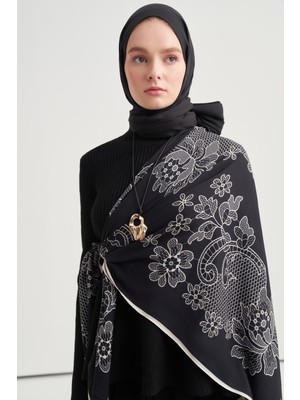 Carell Lace Desen Norena Yünlü Omuz Şalı Siyah