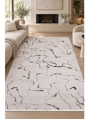 Hann Home Collection Anela Krem Siyah Akrilik Salon Yatak Odası Robot Süpürge Uyumlu Kolay Temizlenir Özel Ölçü Halı