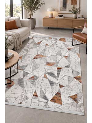 Hann Home Collection Lenox Gri Turuncu Modern Salon Oturma Odası Koridor Halısı Robot Süpürge Uyumlu Kolay Temizlenir Öze