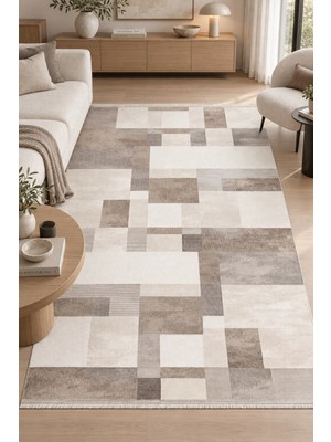 Hann Home Collection Ceyma Krem Kahve Salon Oturma Odası Koridor Halısı Robot Süpürge Uyumlu Kolay Temizlenebilir Modern