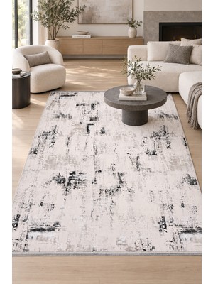 Hann Home Collection Ceyma Krem Gri Salon Oturma Odası Koridor Halısı Robot Süpürge Uyumlu Kolay Temizlenebilir Polyester