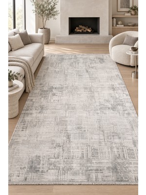 Hann Home Collection Nevel Krem Gri Özel Ölçü Salon Oturma Yatak Odası Halısı Robot Süpürge Uyumlu Kolay Temizlenebilir A