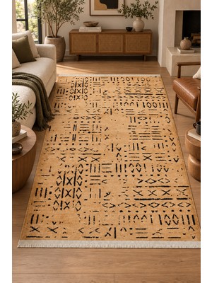 Hann Home Collection Mekur Bej Siyah Özel Ölçü Kaymaz Taban Robot Süpürge Uyumlu Kolay Temizlenebilir Oturma Odası Korido