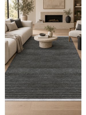 Hann Home Collection Rebra Antrasit Özel Ölçü Kaymaz Taban Robot Süpürge Uyumlu Kolay Temizlenebilir Oturma Odası Koridor