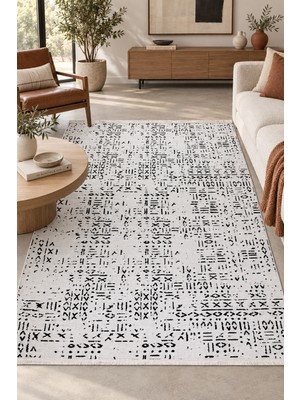 Hann Home Collection Kosmo Özel Ölçü Beyaz Siyah Salon Mutfak Koridor Halısı Kaydırmaz Taban Robot Süpürge Uyumlu Kolay T
