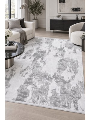 Hann Home Collection Ornata Gri Beyaz Özel Ölçü Salon Oturma Odası Koridor Halısı Robot Süpürgeye Uyumlu Kolay Temizleneb