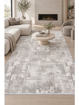 Hann Home Collection Moneta Gri Krem Özel Ölçü Salon Oturma Odası Koridor Halısı Robot Süpürge Uyumlu Kolay Temizlenebili