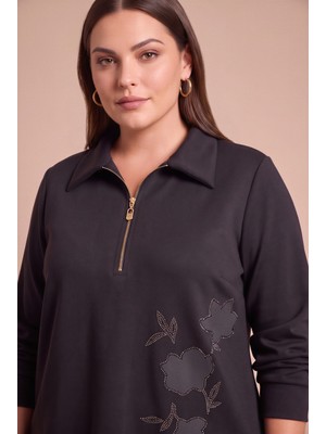 Rmg Fermuar Yakalı Taş Işlemeli Büyük Beden Modal Sweatshirt Siyah