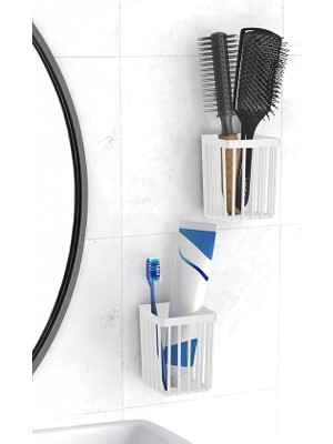 Fimer Home 2'li Set Yapışkanlı Diş Fırçalık, Saç Fırçası Tarak Düzenleyici, Banyo Düzenleyici Banyo Rafı Beyaz