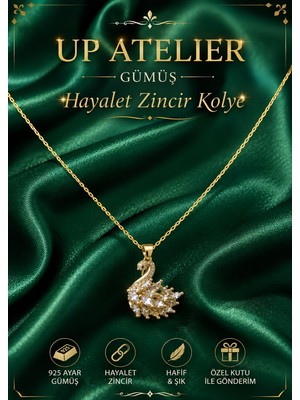 Up Atelier 925 Ayar Gümüş Ithal Zincirli Zirkon Taşlı Kuğu Model Kolye 40-45CM Ayarlanabilir