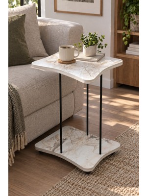 Sulora Home Sulorahome Tekerlekli Yan Sehpa Mermer Desenli Beyaz