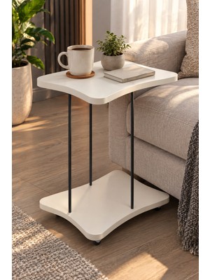 Sulora Home Sulorahome Tekerlekli Yan Sehpa Krem Renk Metal Ayaklı Servis Sehpası
