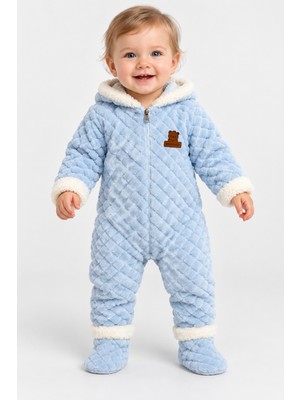 BEBEKİZ Bebek Astronot Tulum Kışlık Peluş Kapüşonlu Fermuarlı Panduflu Patikli Unisex Bebek Welsoft Tulum