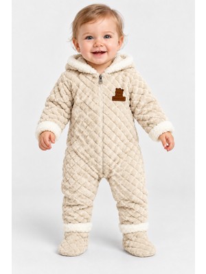 BEBEKİZ Bebek Astronot Tulum Kışlık Peluş Kapüşonlu Fermuarlı Panduflu Patikli Unisex Bebek Welsoft Tulum