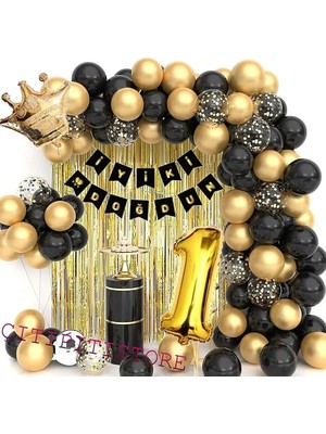 Fimer Taçlı 1 Yaş Doğum Günü Balon Seti - Gold Siyah Tema, 012548811