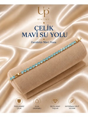 Up Atelier Mavi Su Yolu Zircon Taşlı Çelik Bileklik 17CM+2CM Eklenebilir