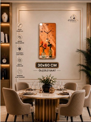 Emoev Duvar Saati Sessiz Akar Saniyeli Cam Modern Dekoratif Saat 30X60