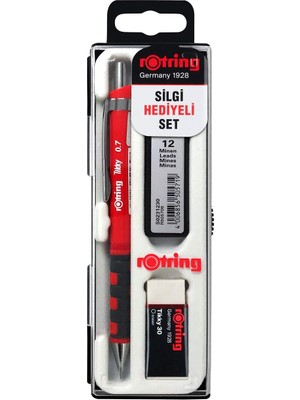 Fimer Tikky Mekanik Kurşun Kalem, Uç ve Silgi Seti, 0,7 mm Kalem, 2b Uç, Orta Boy Silgi, Kırmızı, 3'lü Set