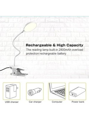 SBN - Store Kıskaçlı Lamba, 360 Esnek Mandallı Kitap Okuma Lambası, 3 Parlaklık 3 Renk Sıcaklığı, Kısılabilir, Dokunmatik Kontrollü, USB Şarj Edilebilir Pil, Göz