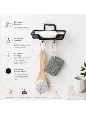 SBN - Store Yapışkanlı Siyah Sabunluk ve Lif Askılık, Delmeden Montajlı Banyo Sabun Rafı, Çift Askılı Mat Siyah Banyo Düzenleyici