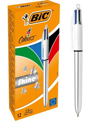 Fimer 4 Colours Shine Gümüş Gövde Tükenmez Kalem 12'li Kutu, 4 Renk (Mavi, Siyah,yeşil ve Kırmızı), 1.0 Mm. Uç