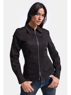 It's Basic Kadın Siyah W6-1 Slim Fit Fermuar Detaylı Gömlek