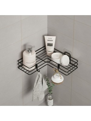 SBN - Store Yapışkanlı Banyo Köşeliği Köşe Rafı Duş Şampuanlık Duvar Düzenleyici Organizer Raf Siyah Metal