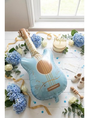Fimer Mat Mavi Gitar Figürlü Folyo Balon | Müzik Temalı Doğum Günü Rock Konsept Parti Süsleme Vintage Dekorasyon Balonu