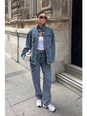 Bejna Kadın Çiçek Yama Taş Detaylı Denim Takım