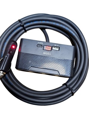 Geseus Araç Çakmak Uzatma Kablosu Çakmaklık Çoklayıcı LCD Ekranlı USB, Type-C çıkışlı 12V/10A/120W 2 X1,5mm TTR Bakır 2 Mt