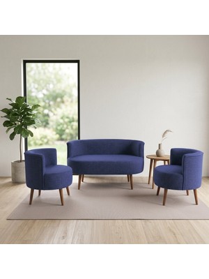 Azra Mobilya Sydney Çay Seti Koltuk Takımı Keten Kumaş 2+1+1 | Ceviz Ayak | Modern Salon Ofis Takımı | Mavi