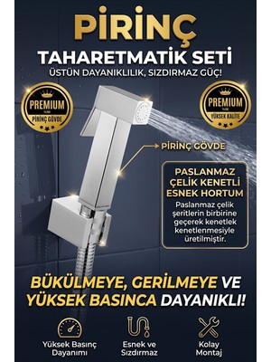 Banyonatural 1. Kalite Paslanmaz Pirinç Kare Taharetmatik Spiralli Taharet El Duşu Seti