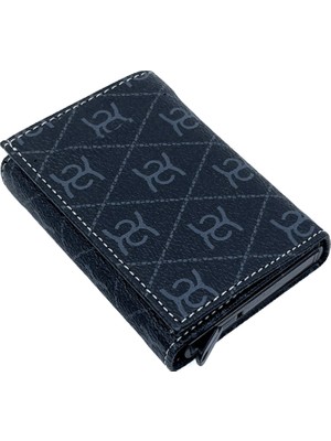 Kayader Mekanizmalı Monogram Baskı Desen Erkek Cüzdan - Kartlık - Rfıd Korumalı Siyah - Gri