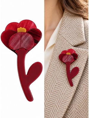 Retrobird Tasarım Akrilik Çiçek Figürlü Vintage Broş Kadın Bordo