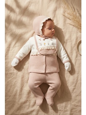 Gaye Flora Vintage 5'li Kız Bebek Hastane Çıkışı Seti - Pudra Pembe Waffle Örgü Nakışlı ve Dantelli %100 Pamuklu Takım