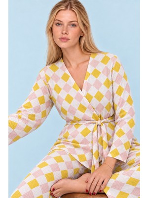 Fit Women Kadın Desenli Ev Stili Kuşaklı Pembe Pijama Takımı 4807