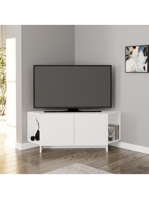 Bimossa B1520 Ola Köşe Tv Ünitesi Beyaz, Kapaklı ve Raflı Tv Sehpası 113 cm