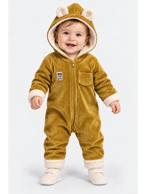 BEBEKİZ Içi Welsoft Dışı Kadife Kapüşonlu Kışlık Unisex Bebek Astronot Tulum Kulaklı Kapüşonlu Fermuarlı Uyku Tulumu