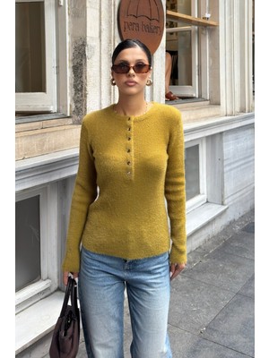 Bejna Kadın Bisiklet Yaka Düğmeli Ultra Soft Triko Kazak