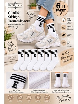 Hatun Atila Unisex 6’lı Paket Çizgili Harf Nakışlı Pamuklu Tenis Çorap Seti Beyaz 16003